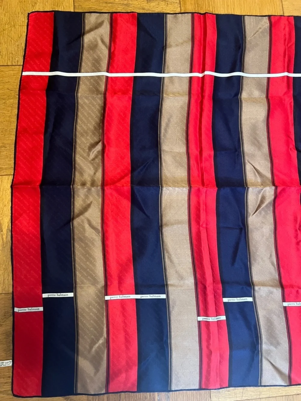 1435. Vintage Pierre Balmain Red, Navy & Tan Striped Silk Scarf